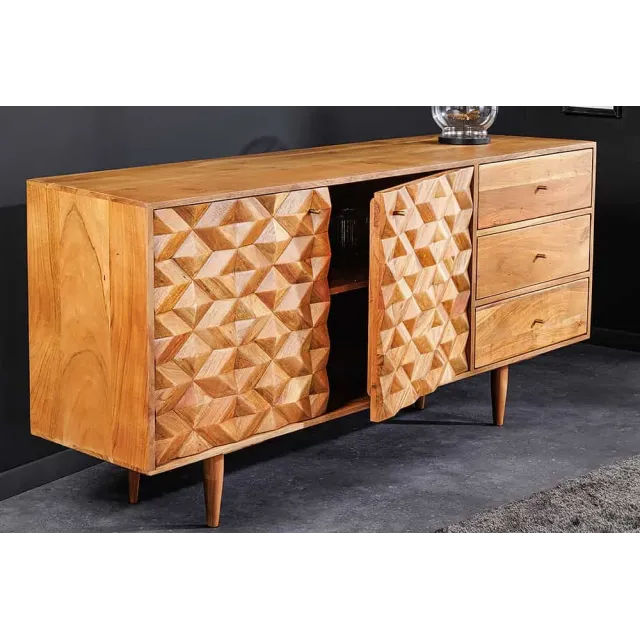 Buffet en bois massif d'acacia 145 cm – Finition miel, design rétro & poignées dorées Buffet en bois massif d'acacia 145 cm – Finition miel, design rétro & poignées dorées