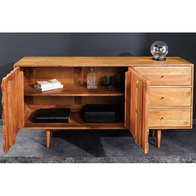 Buffet en bois massif d'acacia 145 cm – Finition miel, design rétro & poignées dorées Buffet en bois massif d'acacia 145 cm – Finition miel, design rétro & poignées dorées