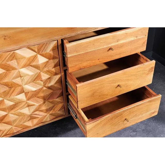 Buffet en bois massif d'acacia 145 cm – Finition miel, design rétro & poignées dorées Buffet en bois massif d'acacia 145 cm – Finition miel, design rétro & poignées dorées