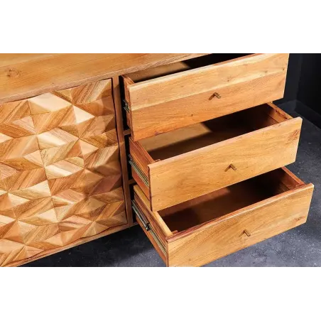 Buffet en bois massif d'acacia 145 cm – Finition miel, design rétro & poignées dorées