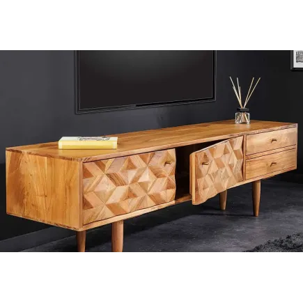 Meuble TV en bois massif d’acacia 145 cm – Finition miel rétro avec poignées dorées 2