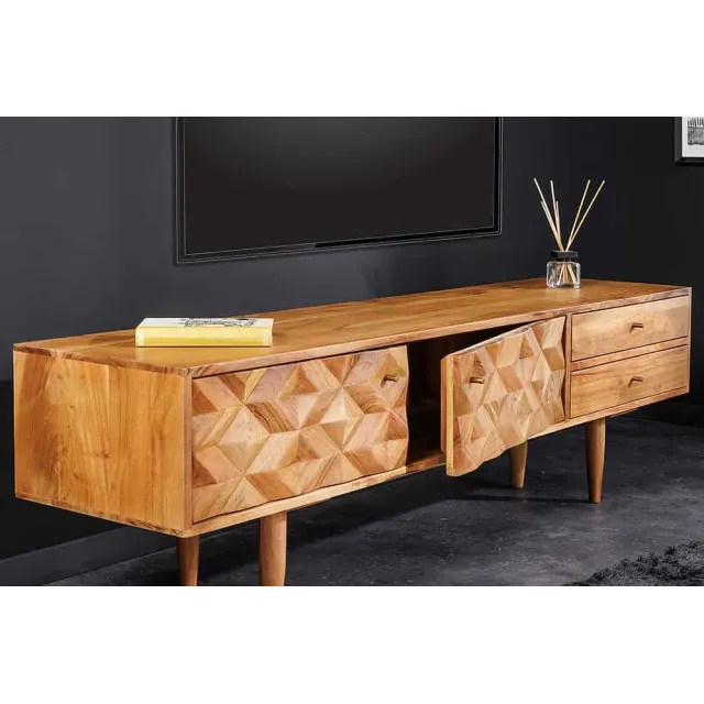 Meuble TV en bois massif d’acacia 145 cm – Finition miel rétro avec poignées dorées Meuble TV en bois massif d’acacia 145 cm – Finition miel rétro avec poignées dorées
