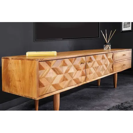 Meuble TV en bois massif d’acacia 145 cm – Finition miel rétro avec poignées dorées