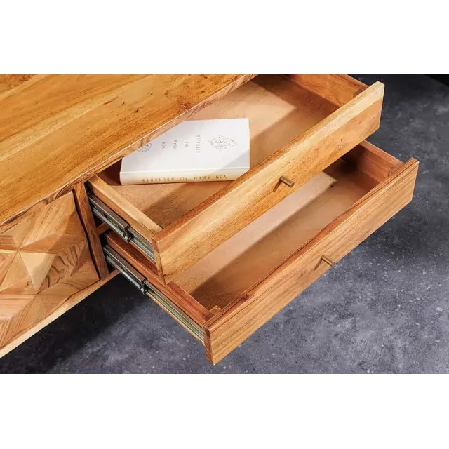 Meuble TV en bois massif d’acacia 145 cm – Finition miel rétro avec poignées dorées Meuble TV en bois massif d’acacia 145 cm – Finition miel rétro avec poignées dorées