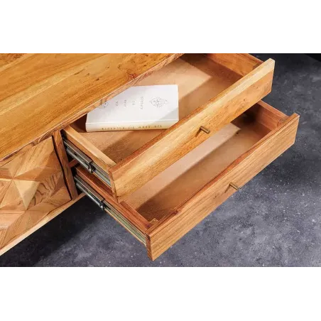 Meuble TV en bois massif d’acacia 145 cm – Finition miel rétro avec poignées dorées