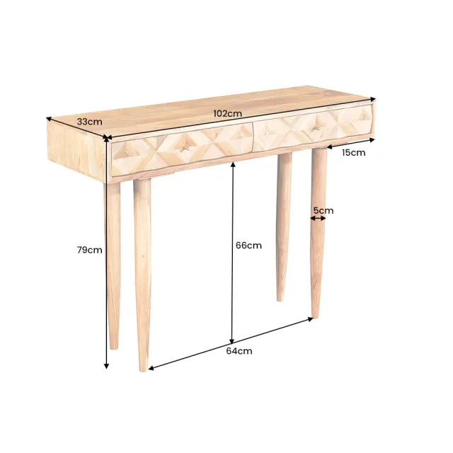 Console en bois massif d'acacia 105 cm – Finition miel rétro avec tiroirs et poignées dorées