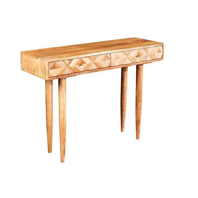 Console en bois massif d'acacia 105 cm – Finition miel rétro avec tiroirs et poignées dorées