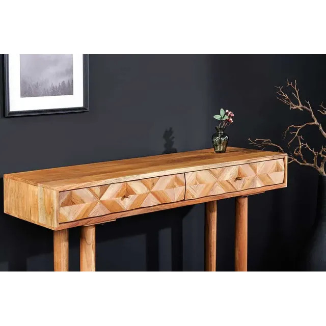 Console en bois massif d'acacia 105 cm – Finition miel rétro avec tiroirs et poignées dorées