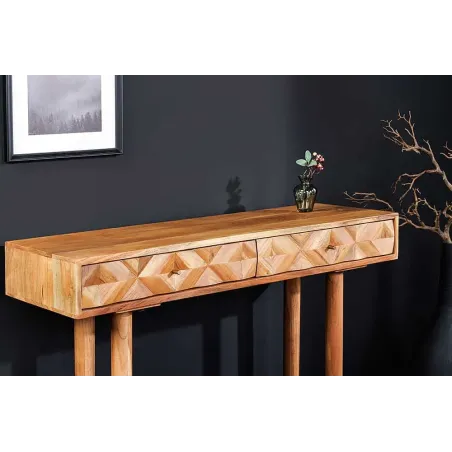 Console en bois massif d'acacia 105 cm – Finition miel rétro avec tiroirs et poignées dorées