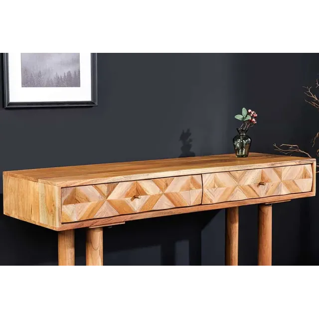 Console en bois massif d'acacia 105 cm – Finition miel rétro avec tiroirs et poignées dorées