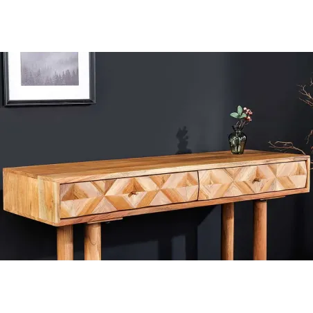 Console en bois massif d'acacia 105 cm – Finition miel rétro avec tiroirs et poignées dorées
