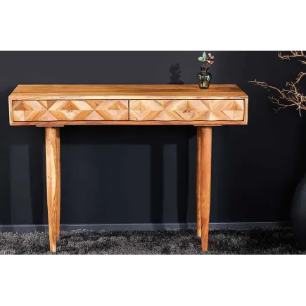 Console en bois massif d'acacia 105 cm – Finition miel rétro avec tiroirs et poignées dorées 2
