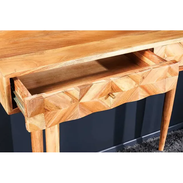 Console en bois massif d'acacia 105 cm – Finition miel rétro avec tiroirs et poignées dorées