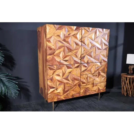 Buffet haut en bois massif Sheesham 135 cm – Design 3D artisanal & pieds dorés mat