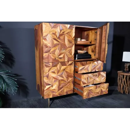 Buffet haut en bois massif Sheesham 135 cm – Design 3D artisanal & pieds dorés mat