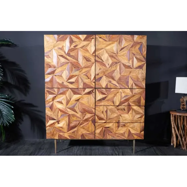 Buffet haut en bois massif Sheesham 135 cm – Design 3D artisanal & pieds dorés mat