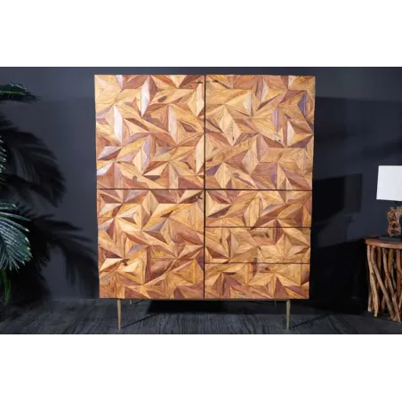 Buffet haut en bois massif Sheesham 135 cm – Design 3D artisanal & pieds dorés mat