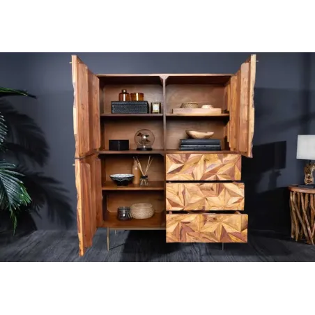 Buffet haut en bois massif Sheesham 135 cm – Design 3D artisanal & pieds dorés mat