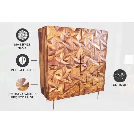 Buffet haut en bois massif Sheesham 135 cm – Design 3D artisanal & pieds dorés mat