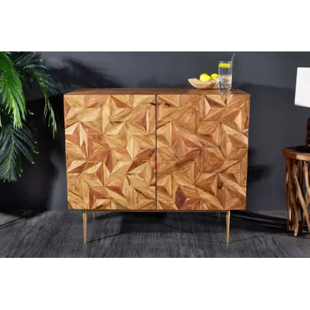 Barschrank en bois massif Sheesham 90 cm – Tapis Design 3D artisanal & pieds dorés