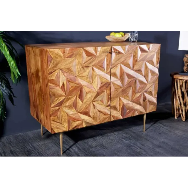 Barschrank en bois massif Sheesham 90 cm – Tapis Design 3D artisanal & pieds dorés