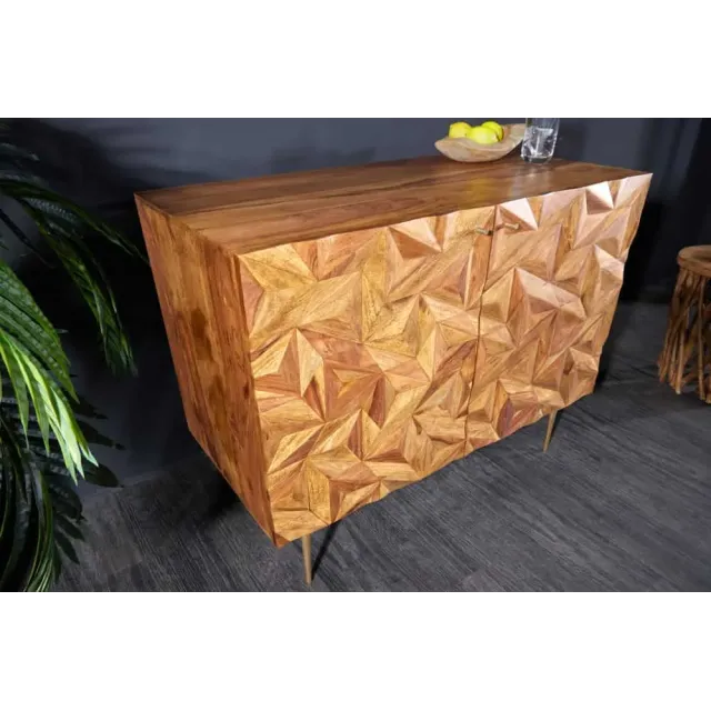 Barschrank en bois massif Sheesham 90 cm – Tapis Design 3D artisanal & pieds dorés