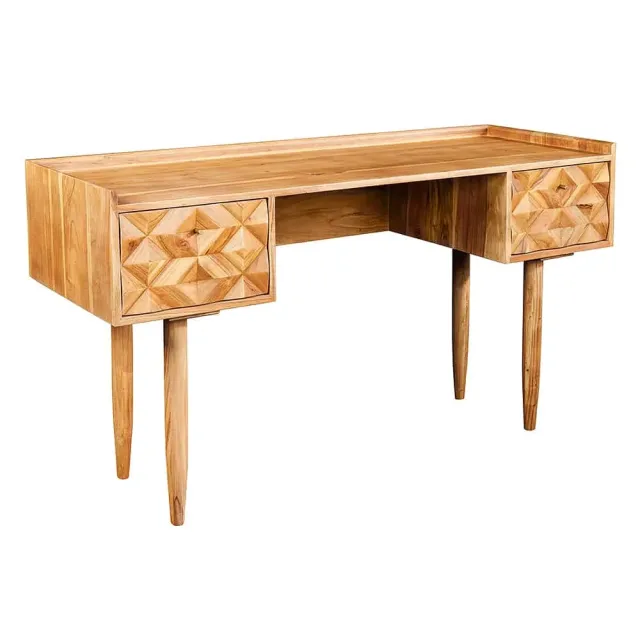 Bureau en bois massif d’Acacia 135 cm – Finition Miel avec tiroirs de rangement & design rétro