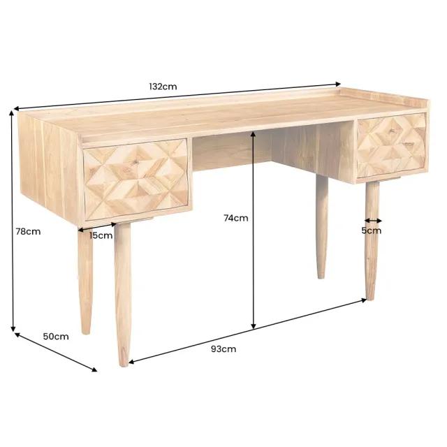 Bureau en bois massif d’Acacia 135 cm – Finition Miel avec tiroirs de rangement & design rétro