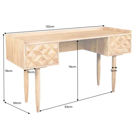 Bureau en bois massif d’Acacia 135 cm – Finition Miel avec tiroirs de rangement & design rétro