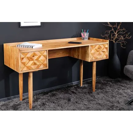 Bureau en bois massif d’Acacia 135 cm – Finition Miel avec tiroirs de rangement & design rétro