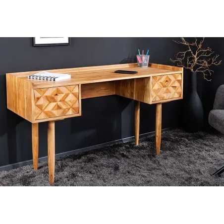 Bureau en bois massif d’Acacia 135 cm – Finition Miel avec tiroirs de rangement & design rétro