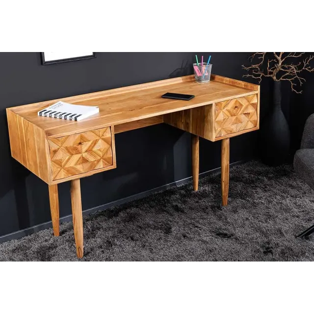 Bureau en bois massif d’Acacia 135 cm – Finition Miel avec tiroirs de rangement & design rétro