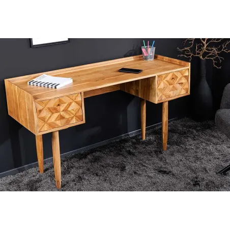 Bureau en bois massif d’Acacia 135 cm – Finition Miel avec tiroirs de rangement & design rétro