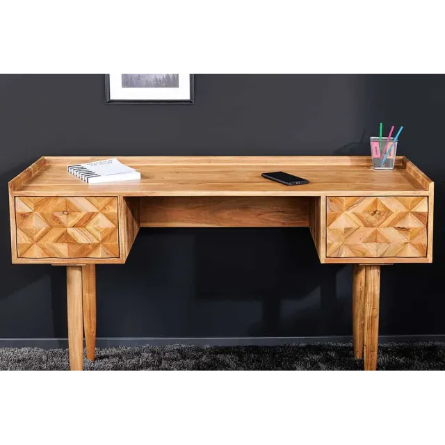 Bureau en bois massif d’Acacia 135 cm – Finition Miel avec tiroirs de rangement & design rétro