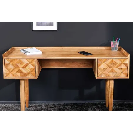 Bureau en bois massif d’Acacia 135 cm – Finition Miel avec tiroirs de rangement & design rétro