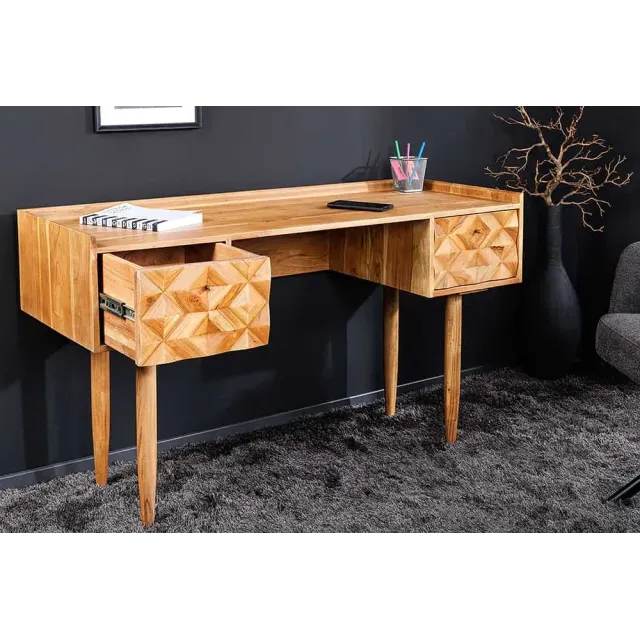 Bureau en bois massif d’Acacia 135 cm – Finition Miel avec tiroirs de rangement & design rétro