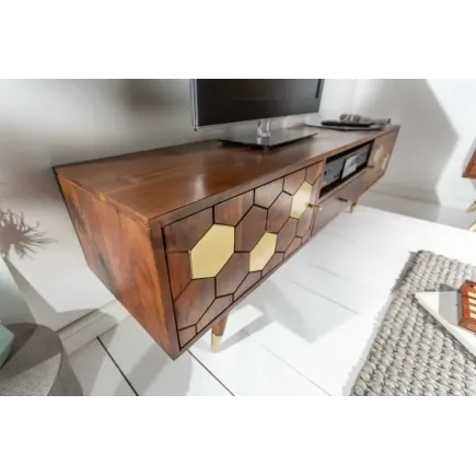 Meuble TV bas MYSTIC salon 140 cm – Bois massif d’acacia brun & détails dorés – Design rétro chic 2