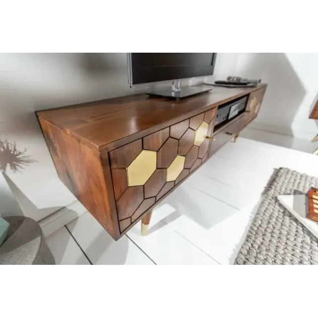 Meuble TV bas MYSTIC salon 140 cm – Bois massif d’acacia brun & détails dorés – Design rétro chic Meuble TV bas MYSTIC salon 140 cm – Bois massif d’acacia brun & détails dorés – Design rétro chic