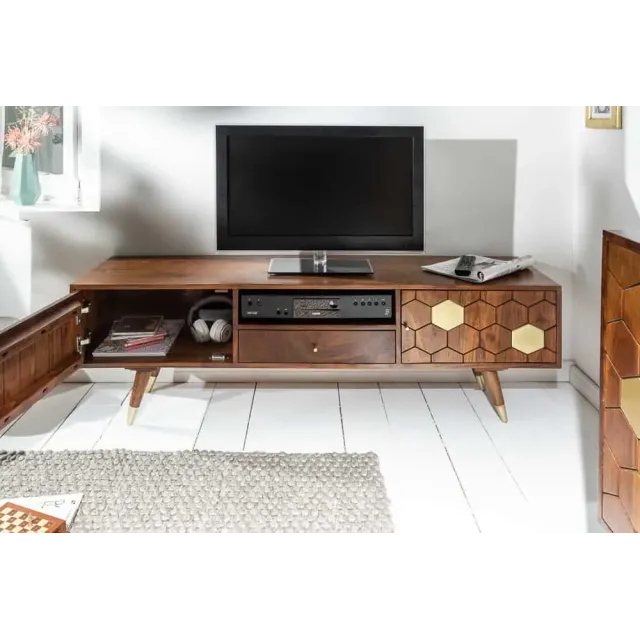Meuble TV bas MYSTIC salon 140 cm – Bois massif d’acacia brun & détails dorés – Design rétro chic Meuble TV bas MYSTIC salon 140 cm – Bois massif d’acacia brun & détails dorés – Design rétro chic
