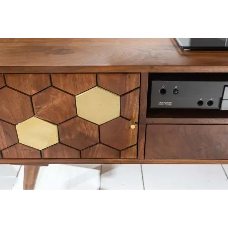 Meuble TV bas MYSTIC salon 140 cm – Bois massif d’acacia brun & détails dorés – Design rétro chic