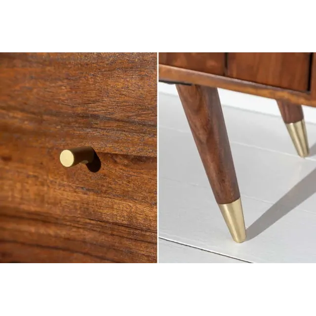 Meuble TV bas MYSTIC salon 140 cm – Bois massif d’acacia brun & détails dorés – Design rétro chic Meuble TV bas MYSTIC salon 140 cm – Bois massif d’acacia brun & détails dorés – Design rétro chic