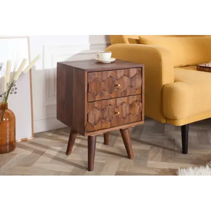 Table de chevet / Beistelltisch MYSTIC salon 40 cm – Bois massif d’acacia brun avec surface 3D sculptée à la main