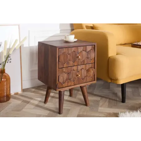 Table de chevet / Beistelltisch MYSTIC salon 40 cm – Bois massif d’acacia brun avec surface 3D sculptée à la main