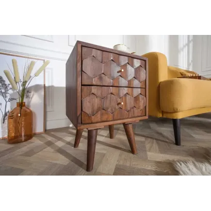 Table de chevet / Beistelltisch MYSTIC salon 40 cm – Bois massif d’acacia brun avec surface 3D sculptée à la main 2