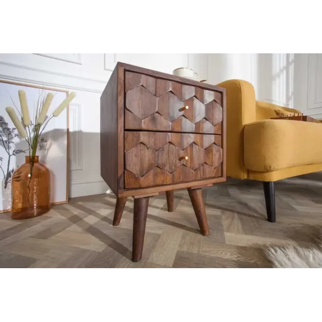 Table de chevet / Beistelltisch MYSTIC salon 40 cm – Bois massif d’acacia brun avec surface 3D sculptée à la main Table de chevet / Beistelltisch MYSTIC salon 40 cm – Bois massif d’acacia brun avec surface 3D sculptée à la main