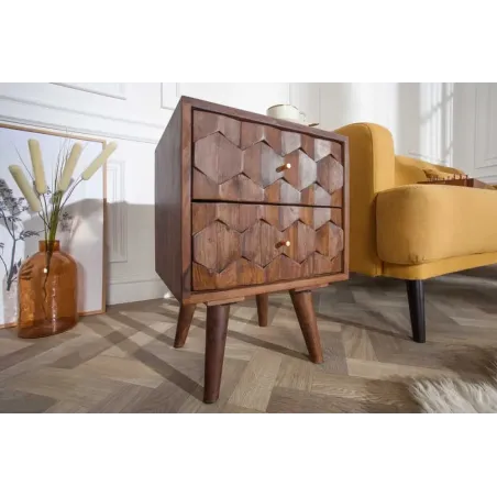 Table de chevet / Beistelltisch MYSTIC salon 40 cm – Bois massif d’acacia brun avec surface 3D sculptée à la main