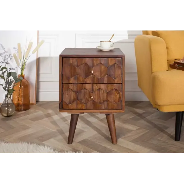 Table de chevet / Beistelltisch MYSTIC salon 40 cm – Bois massif d’acacia brun avec surface 3D sculptée à la main Table de chevet / Beistelltisch MYSTIC salon 40 cm – Bois massif d’acacia brun avec surface 3D sculptée à la main
