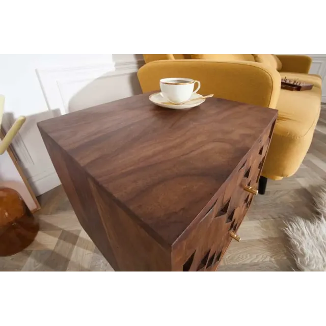 Table de chevet / Beistelltisch MYSTIC salon 40 cm – Bois massif d’acacia brun avec surface 3D sculptée à la main Table de chevet / Beistelltisch MYSTIC salon 40 cm – Bois massif d’acacia brun avec surface 3D sculptée à la main