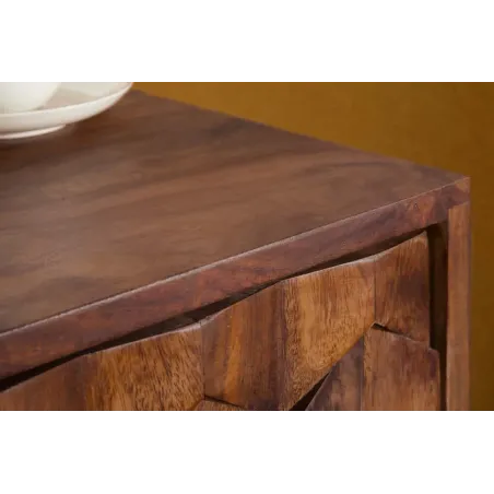 Table de chevet / Beistelltisch MYSTIC salon 40 cm – Bois massif d’acacia brun avec surface 3D sculptée à la main