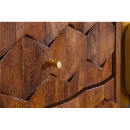 Table de chevet / Beistelltisch MYSTIC salon 40 cm – Bois massif d’acacia brun avec surface 3D sculptée à la main